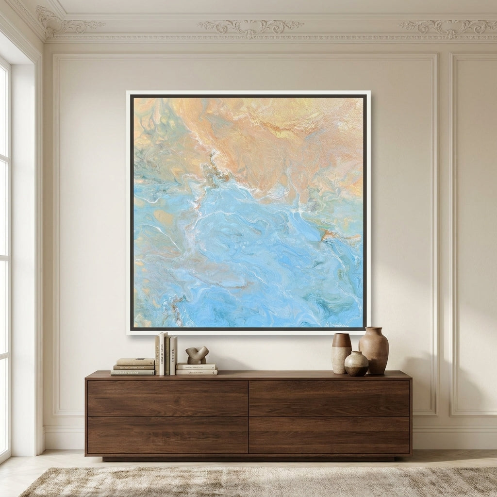 Canvas wall art with a white surround styled in a luxe interior