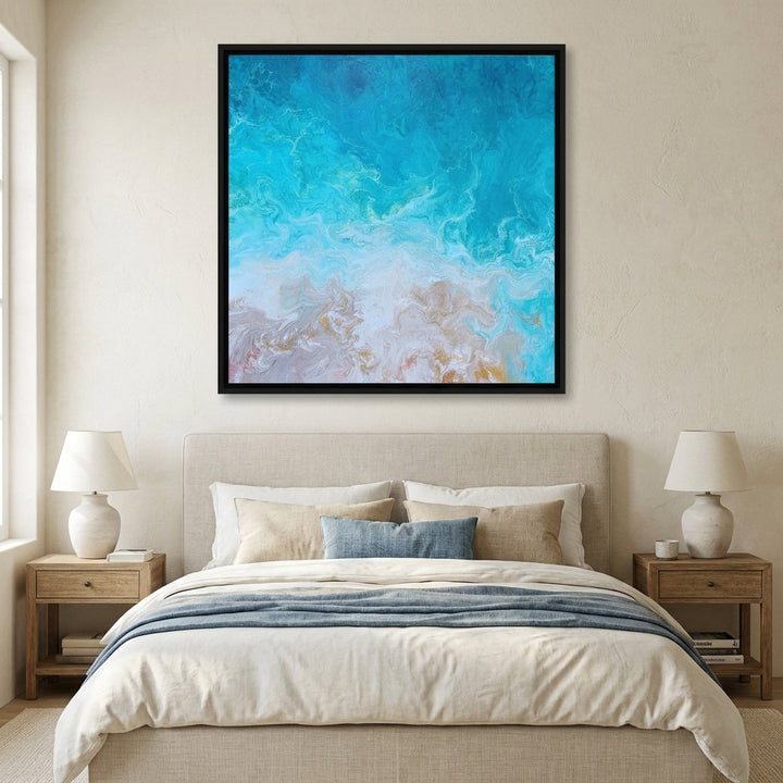 Canvas wall art with a black surround styled in a calm, light-filled bedroom