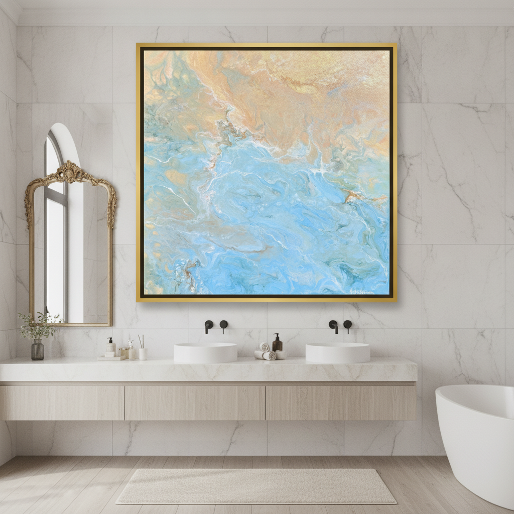 Oversized statement canvas wall art with a gold leaf surround styled in a clean minimalist bathroom
