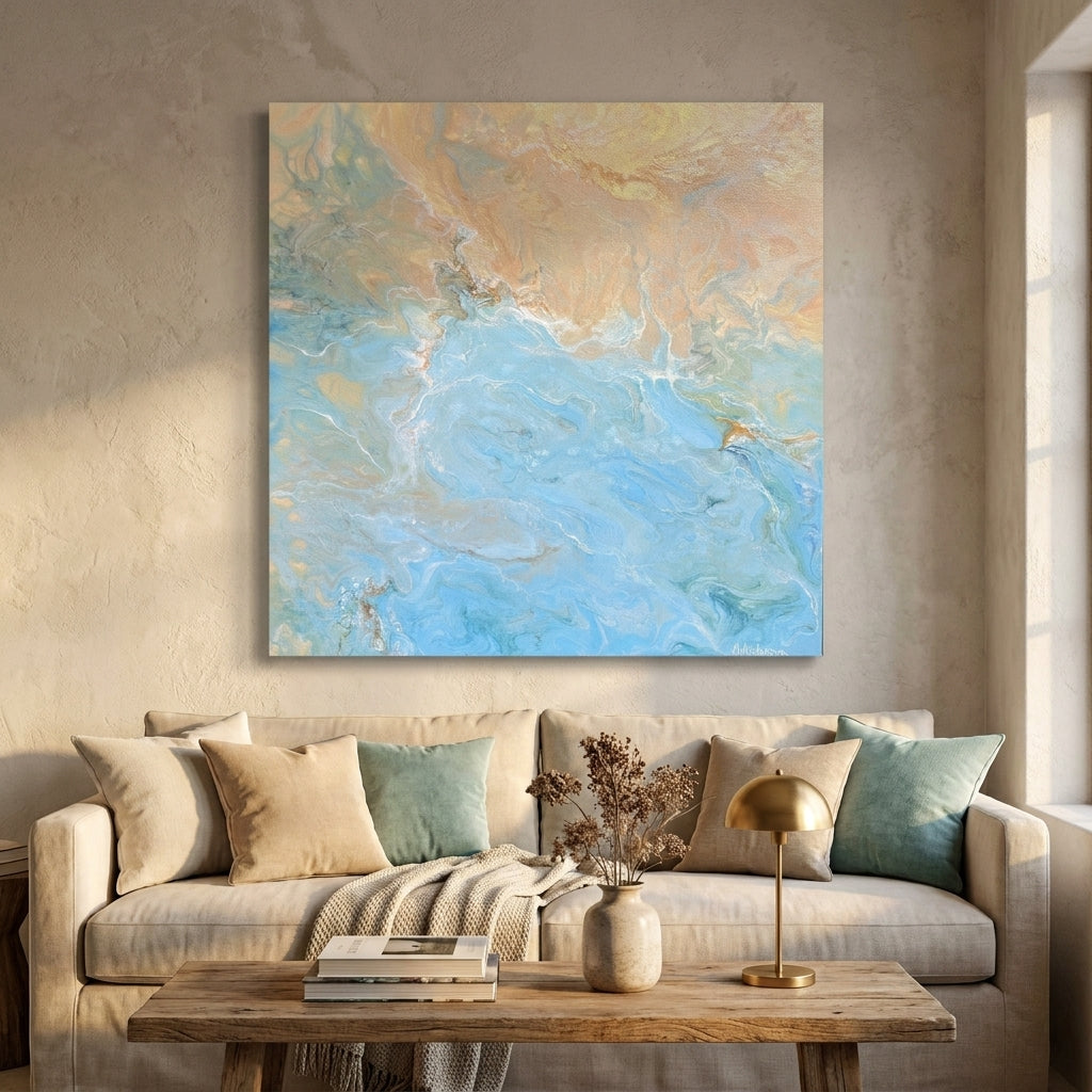 Stretched canvas wall art styled in a neutral living room