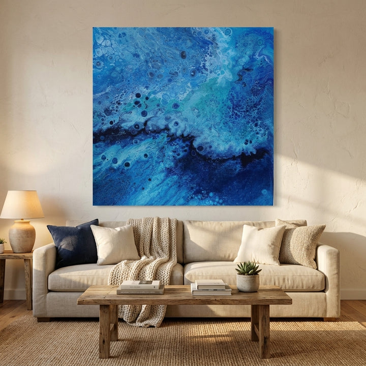 Stretched canvas wall art styled in a neutral living room