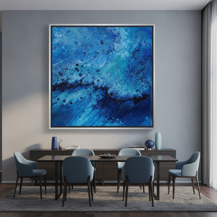 Oversized statement canvas wall art with a silver leaf surround styled in a luxe interior