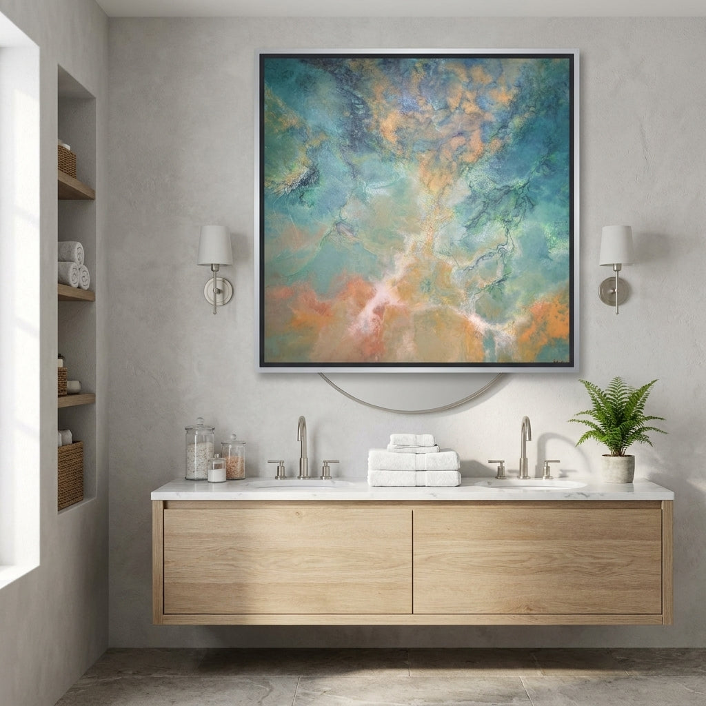 Canvas wall art with a silver leaf surround styled in a clean minimalist bathroom