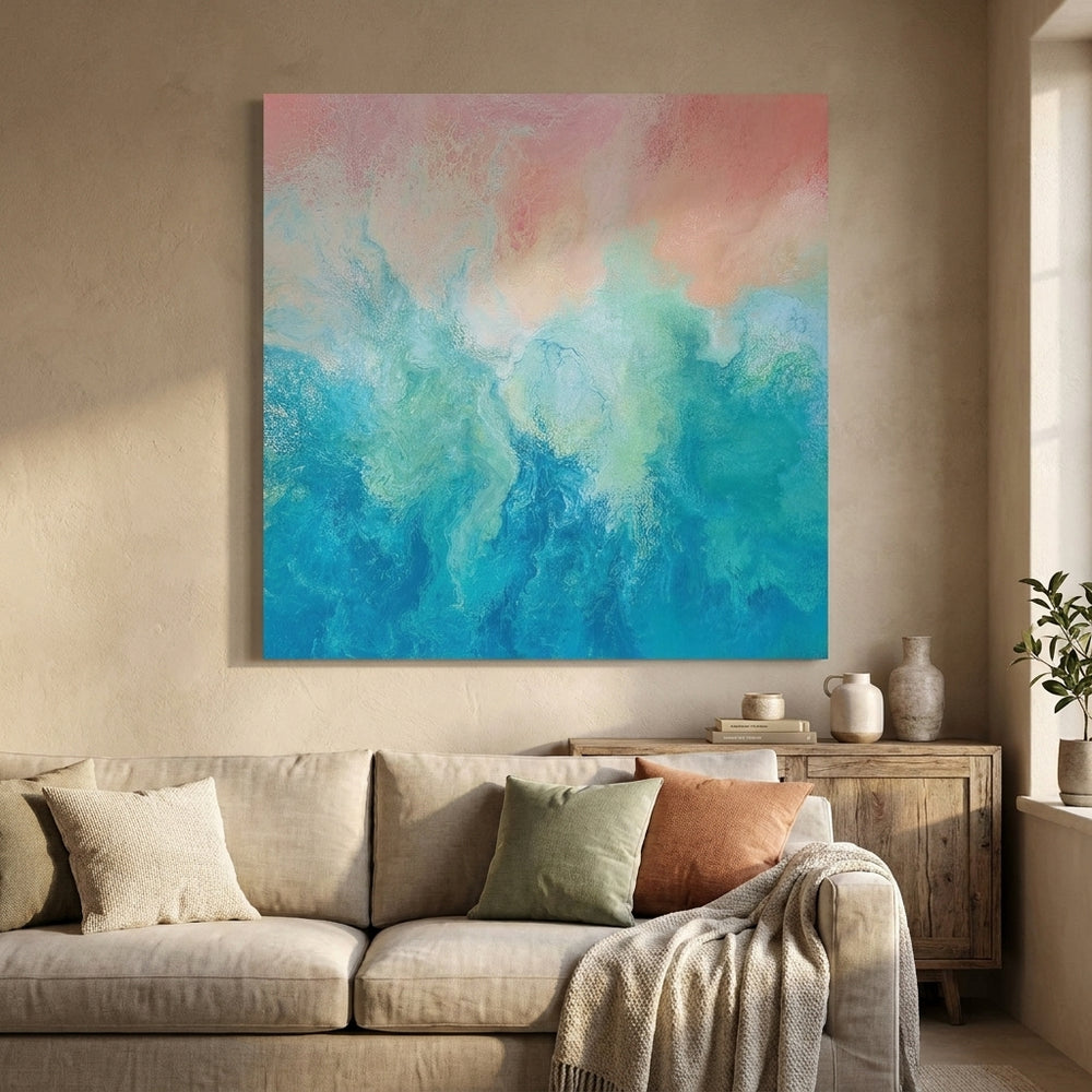 Stretched canvas wall art styled in a neutral living room