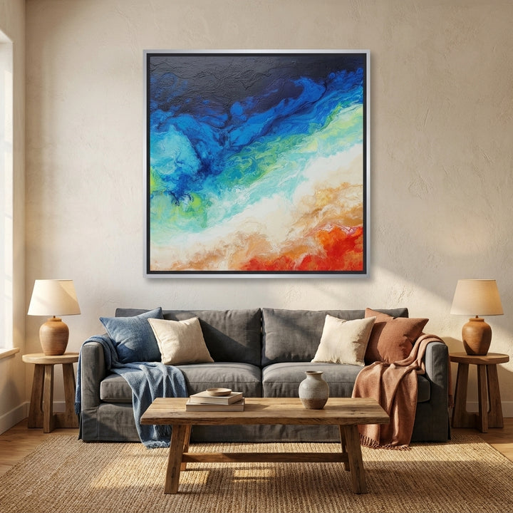 Canvas wall art with a silver leaf surround styled in a neutral living room