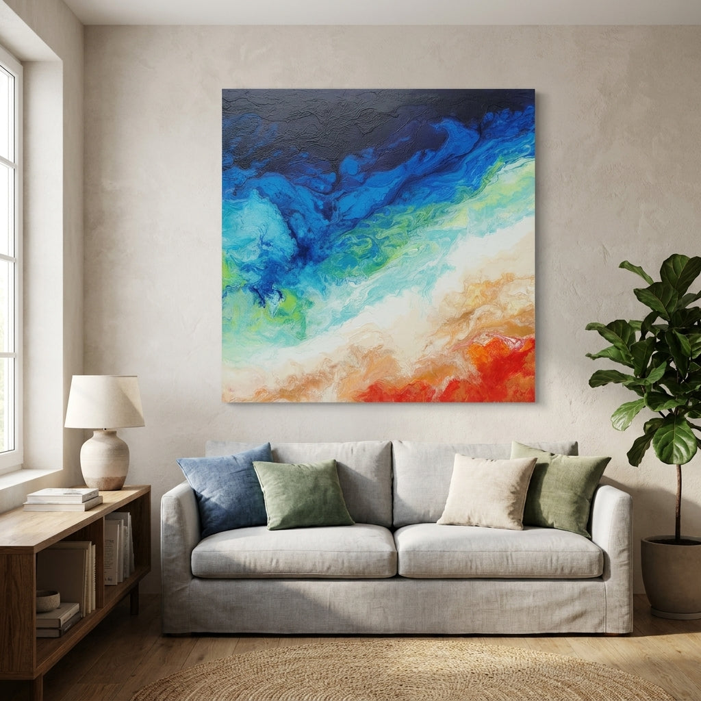 Stretched canvas wall art styled in a neutral living room