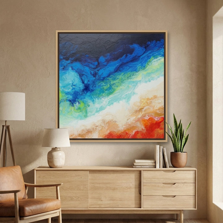 Canvas wall art with a natural timber surround styled in a bright modern office
