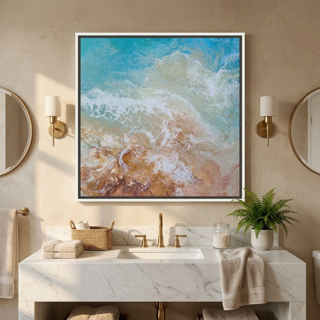 Canvas wall art with a white surround styled in a clean minimalist bathroom