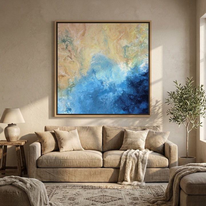Canvas wall art with a natural timber surround styled in a calm, light-filled bedroom