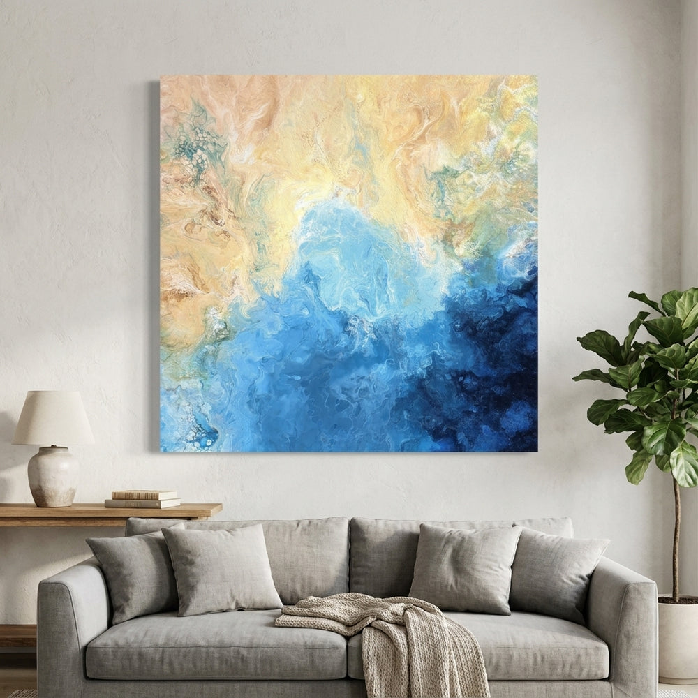 Stretched canvas wall art styled in a neutral living room