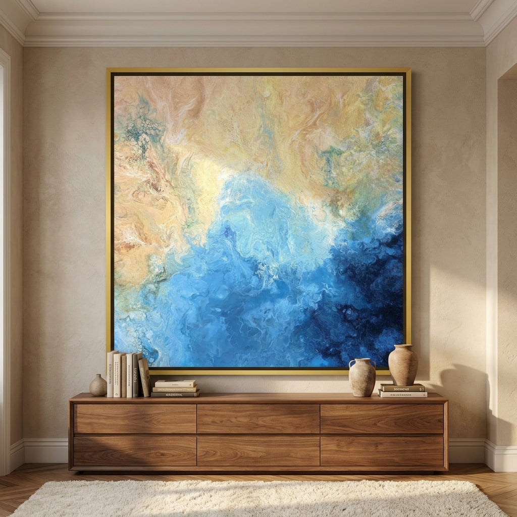Oversized statement canvas wall art with a gold leaf surround styled in a luxe interior