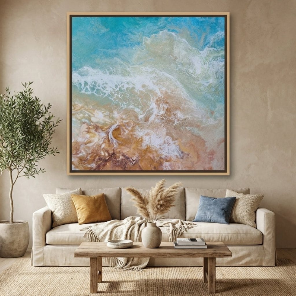 Oversized statement canvas wall art with a natural timber surround styled in a neutral living room