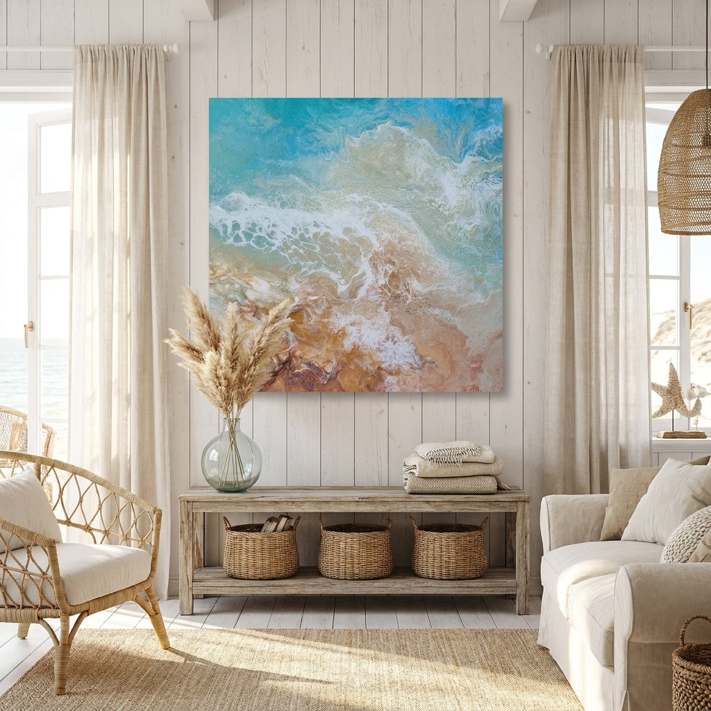 Stretched canvas wall art styled in a sunny coastal beach house