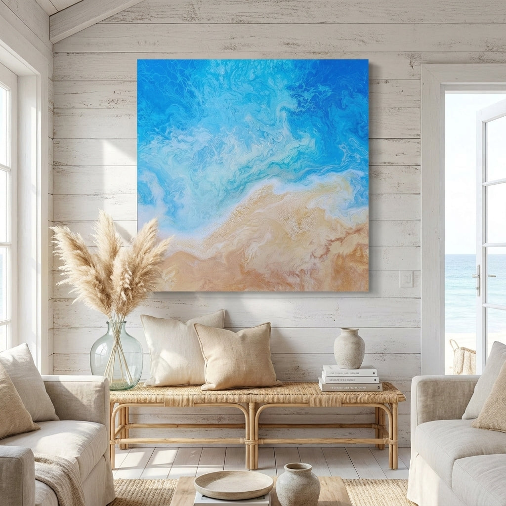 Stretched canvas wall art styled in a sunny coastal beach house