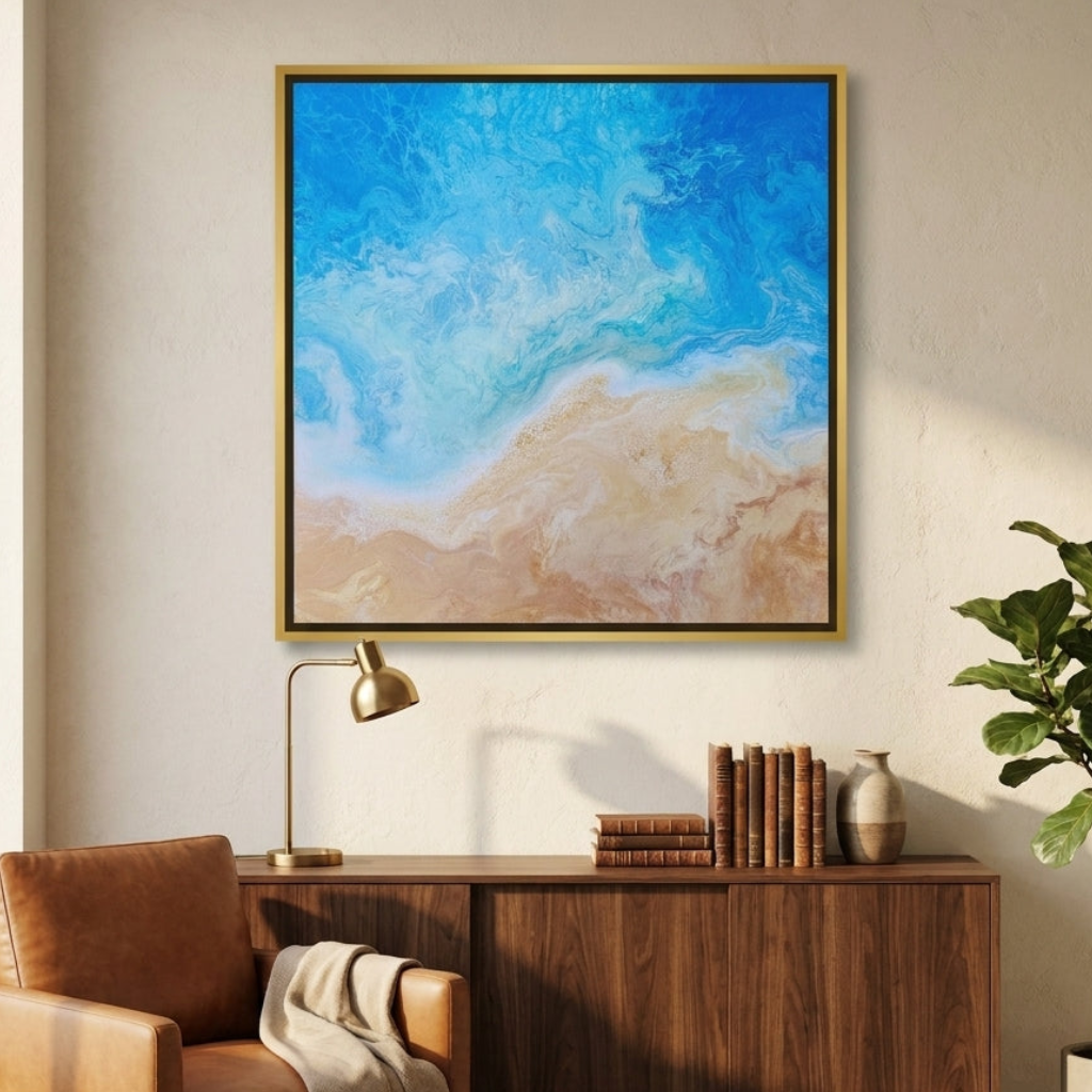 Canvas wall art with a gold leaf surround styled in a bright modern office