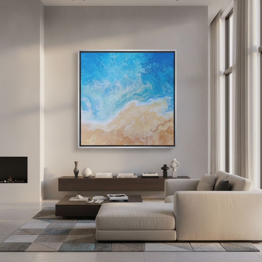 Oversized statement canvas wall art with a silver leaf surround styled in a luxe interior
