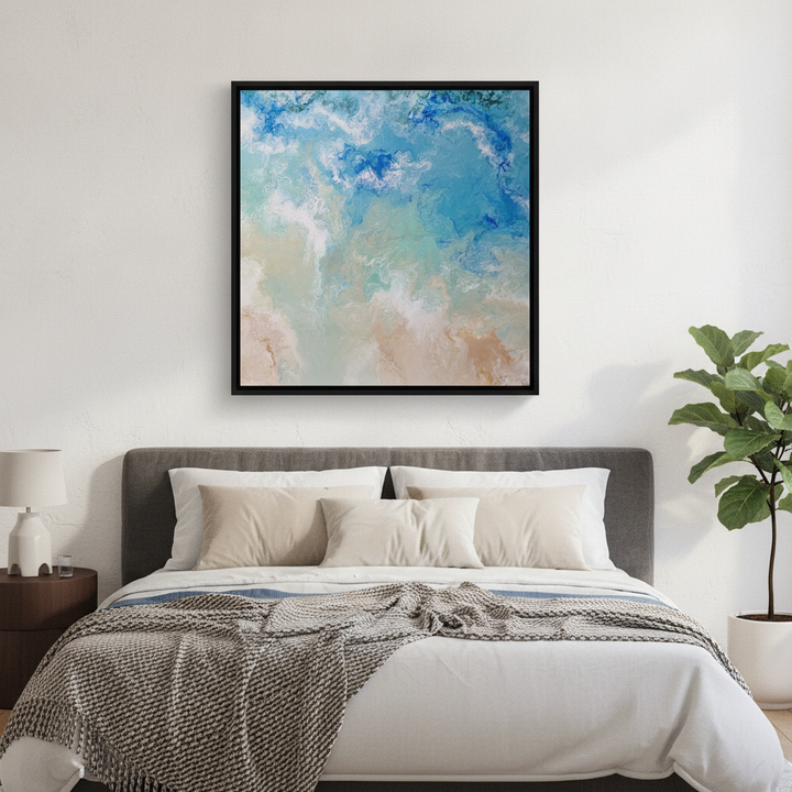 Canvas wall art with a black surround styled in a calm, light-filled bedroom