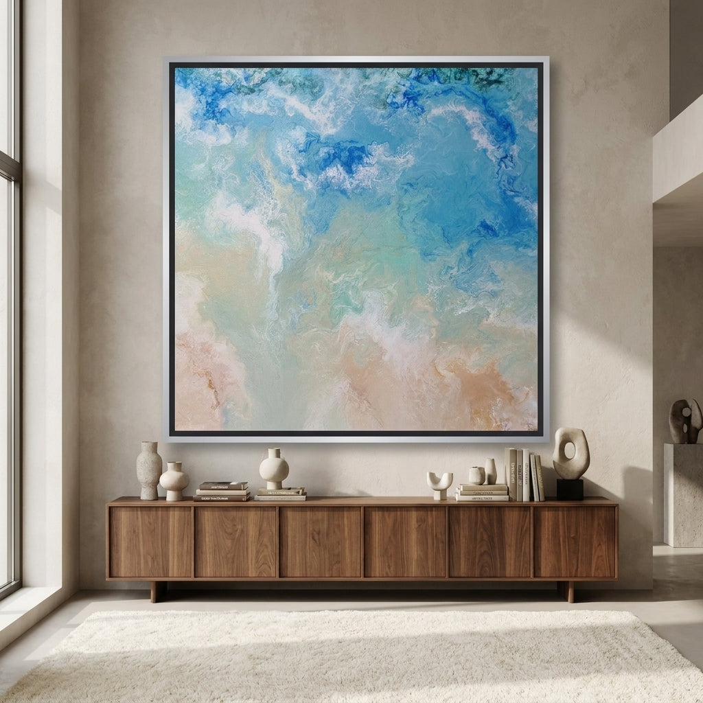 Oversized statement canvas wall art with a silver leaf surround styled in a luxe interior