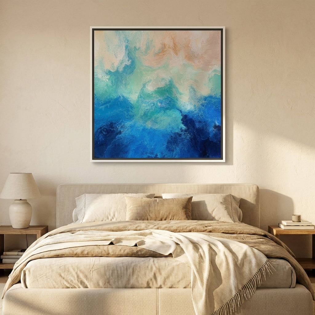 Canvas wall art with a white surround styled in a calm, light-filled bedroom