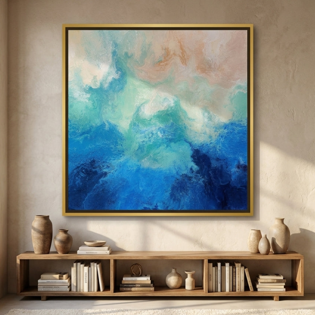 Oversized statement canvas wall art with a gold leaf surround styled in a luxe interior