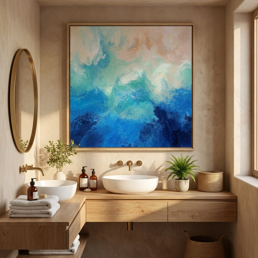 Canvas wall art with a natural timber surround styled in a clean minimalist bathroom