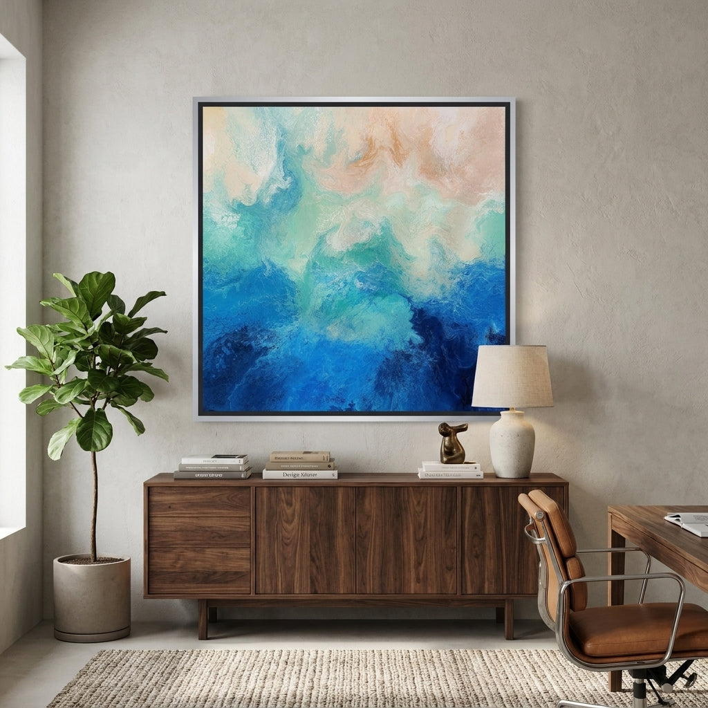 Canvas wall art with a silver leaf surround styled in a bright modern office