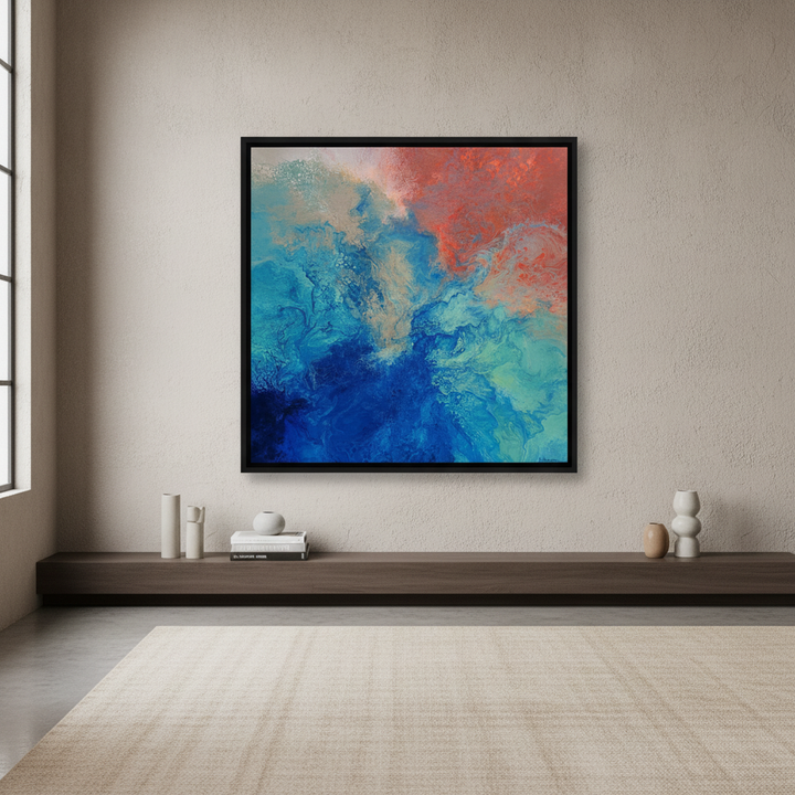 Oversized statement canvas wall art with a black surround styled in a luxe interior