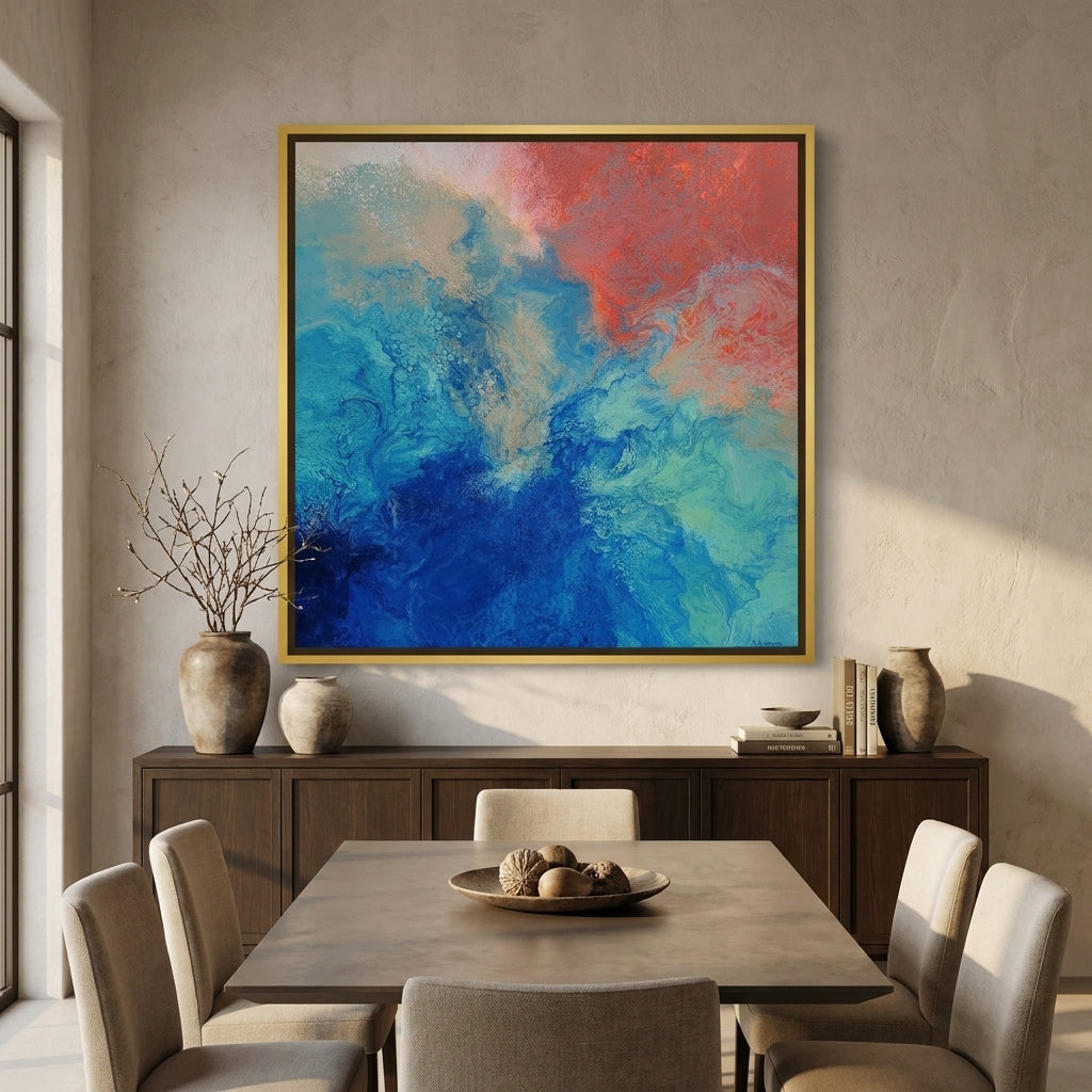 Oversized statement canvas wall art with a gold leaf surround styled in a contemporary dining room