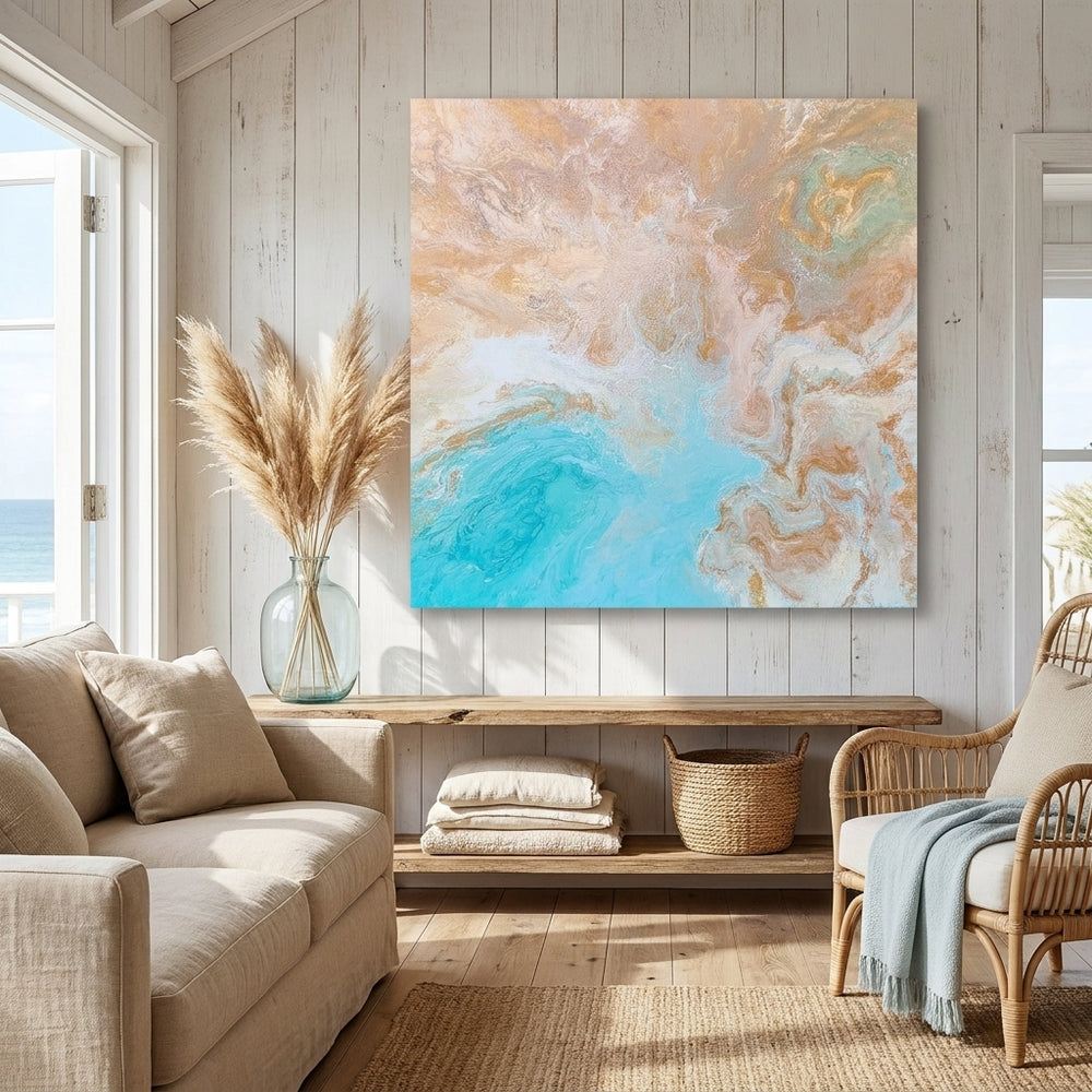 Stretched canvas wall art styled in a sunny coastal beach house