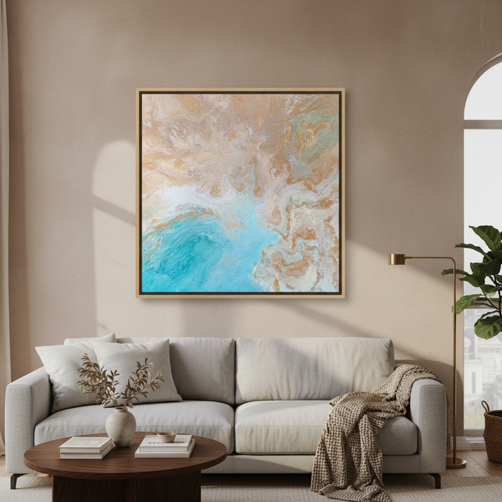 Oversized statement canvas wall art with a natural timber surround styled in a neutral living room