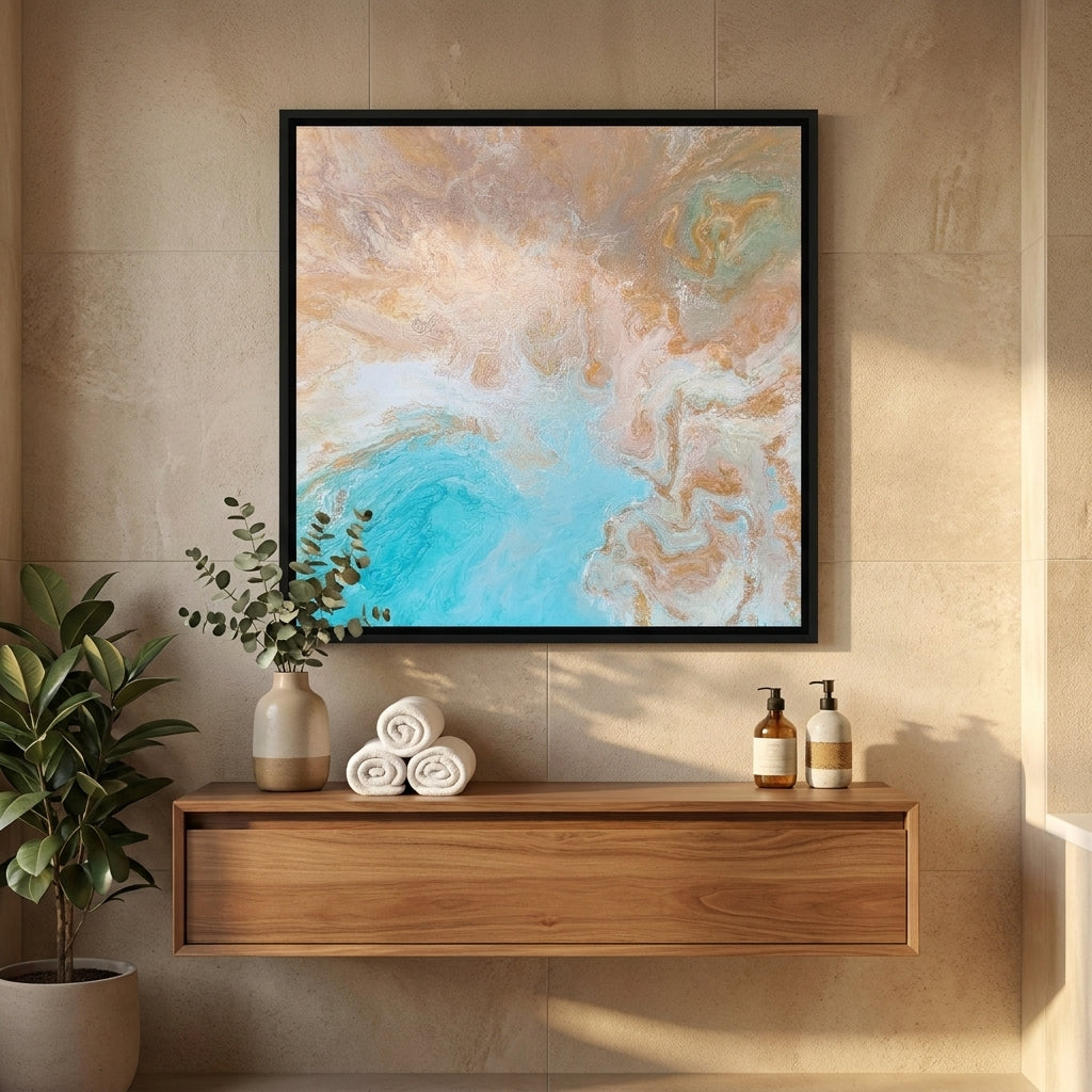 Canvas wall art with a black surround styled in a clean minimalist bathroom