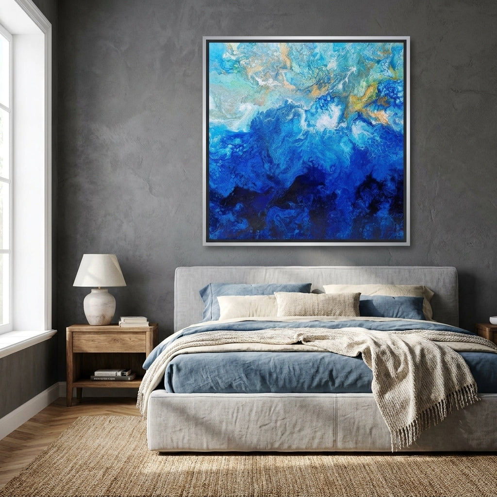 Canvas wall art with a silver leaf surround styled in a calm, light-filled bedroom