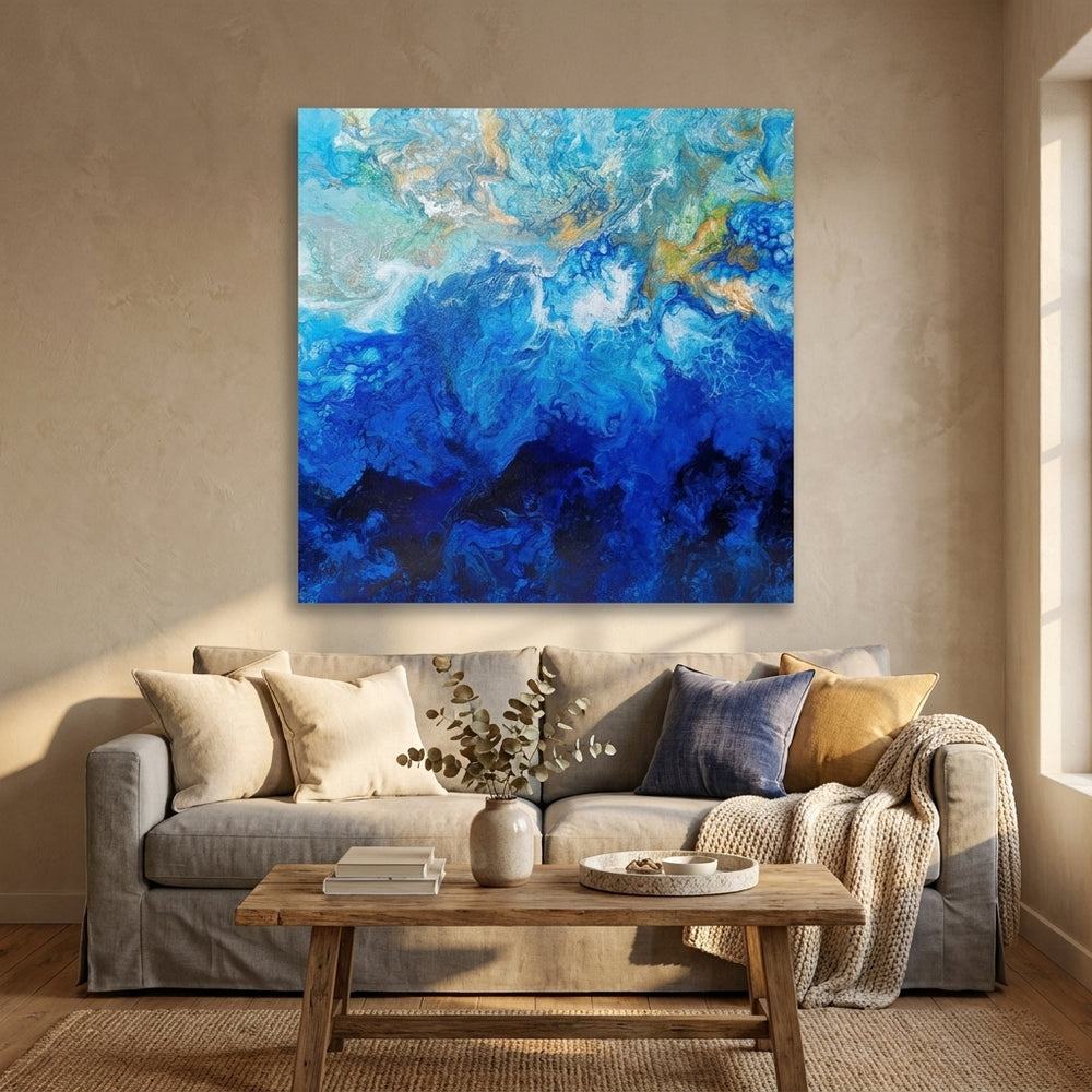 Stretched canvas wall art styled in a neutral living room