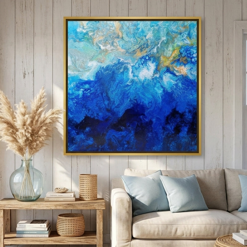Canvas wall art with a gold leaf surround styled in a sunny coastal beach house