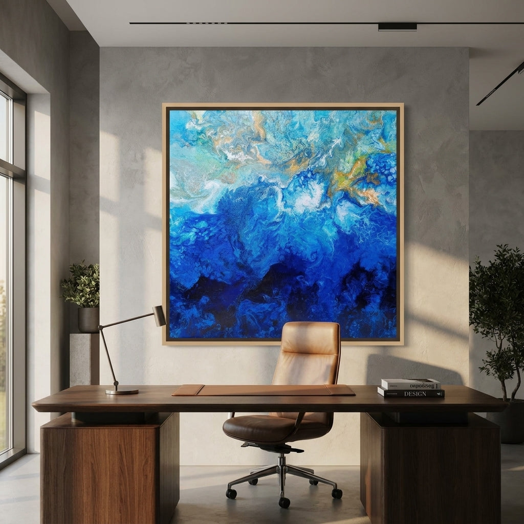 Oversized statement canvas wall art with a natural timber surround styled in a bright modern office