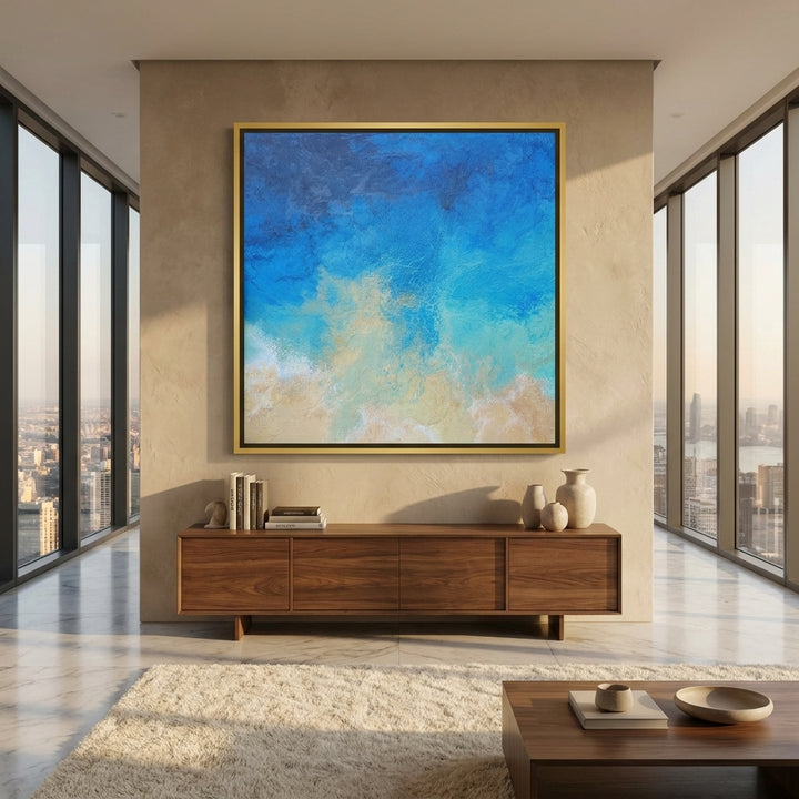 Oversized statement canvas wall art with a gold leaf surround styled in a luxe interior