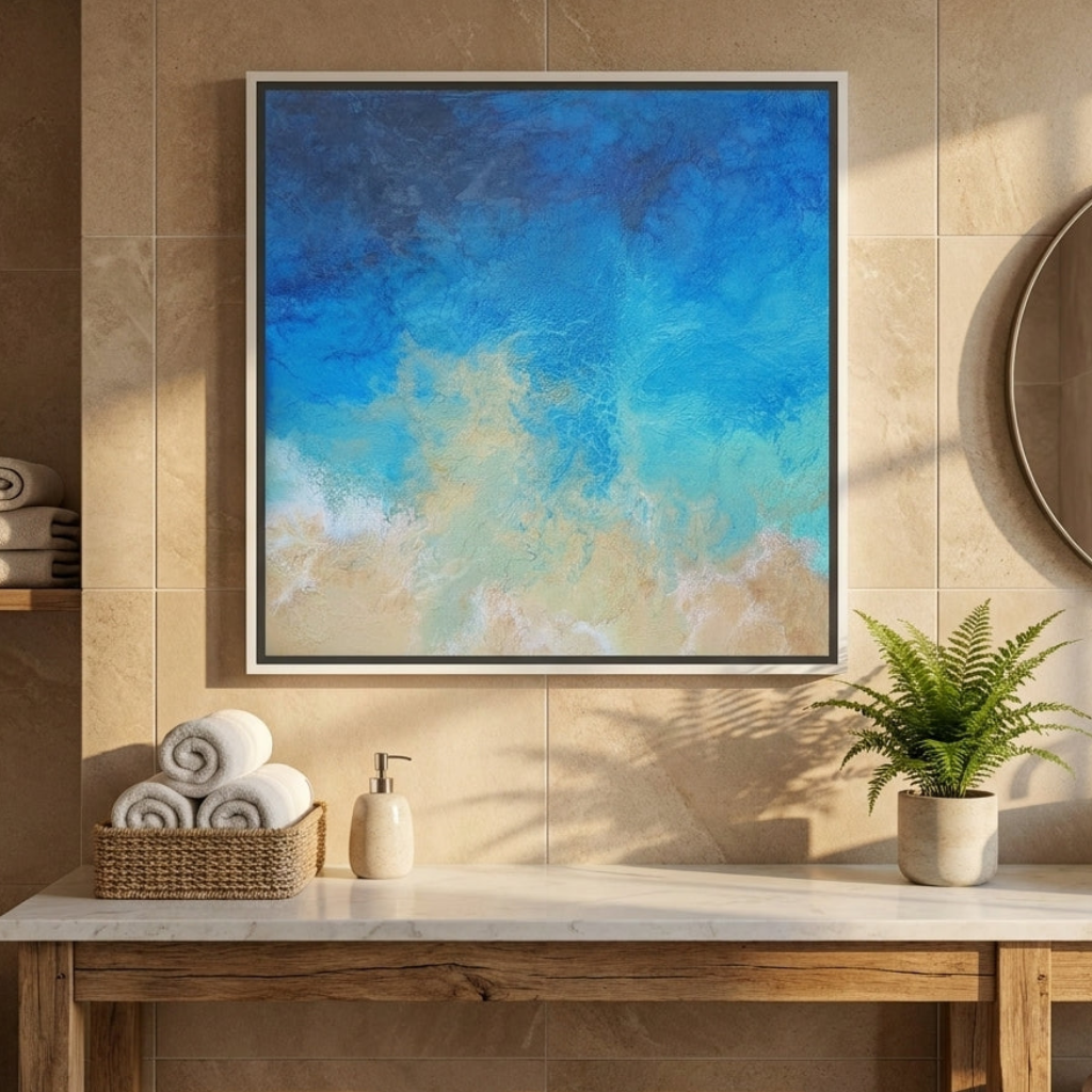 Canvas wall art with a white surround styled in a clean minimalist bathroom