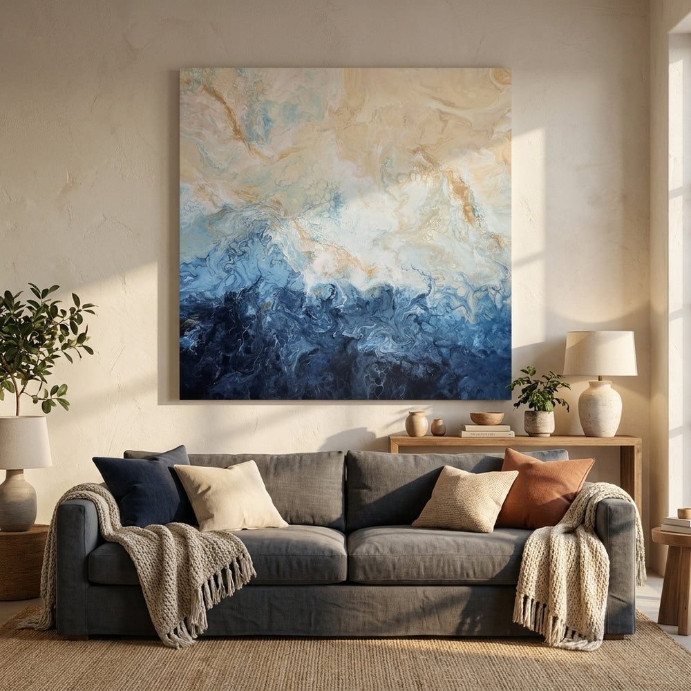 Stretched canvas wall art styled in a neutral living room