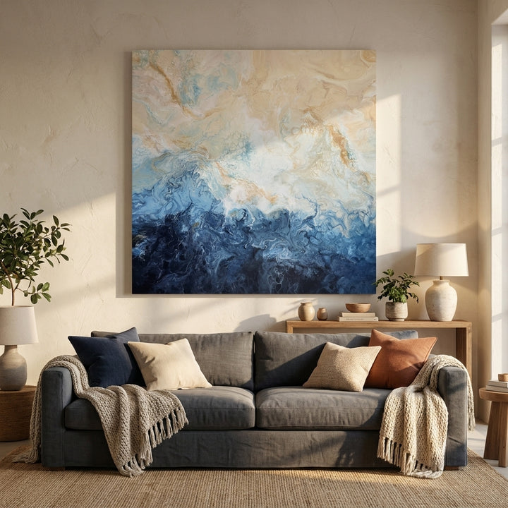 Stretched canvas wall art styled in a neutral living room
