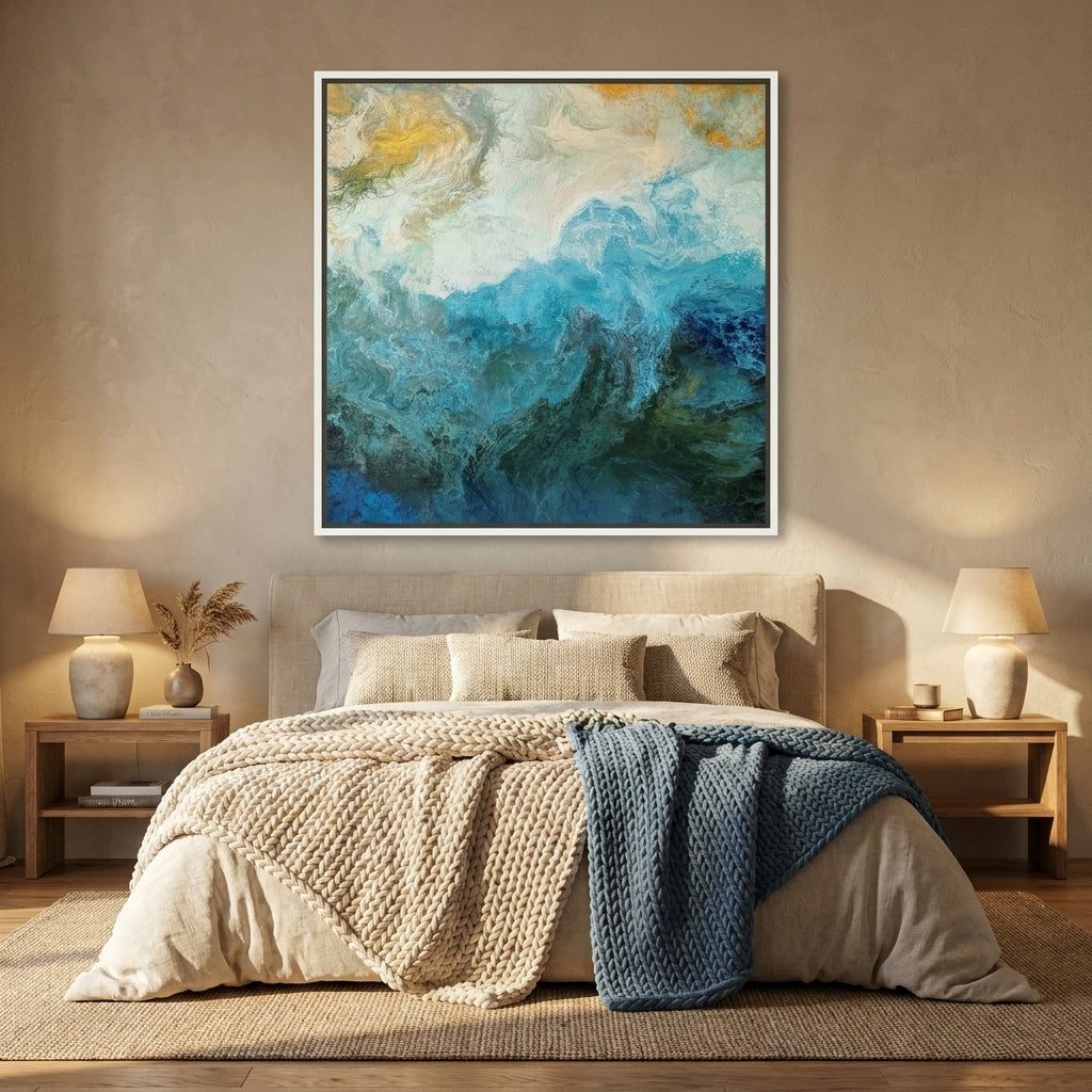 Canvas wall art with a white surround styled in a calm, light-filled bedroom