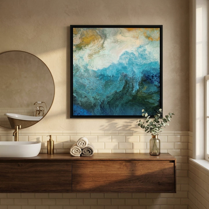 Canvas wall art with a black surround styled in a clean minimalist bathroom