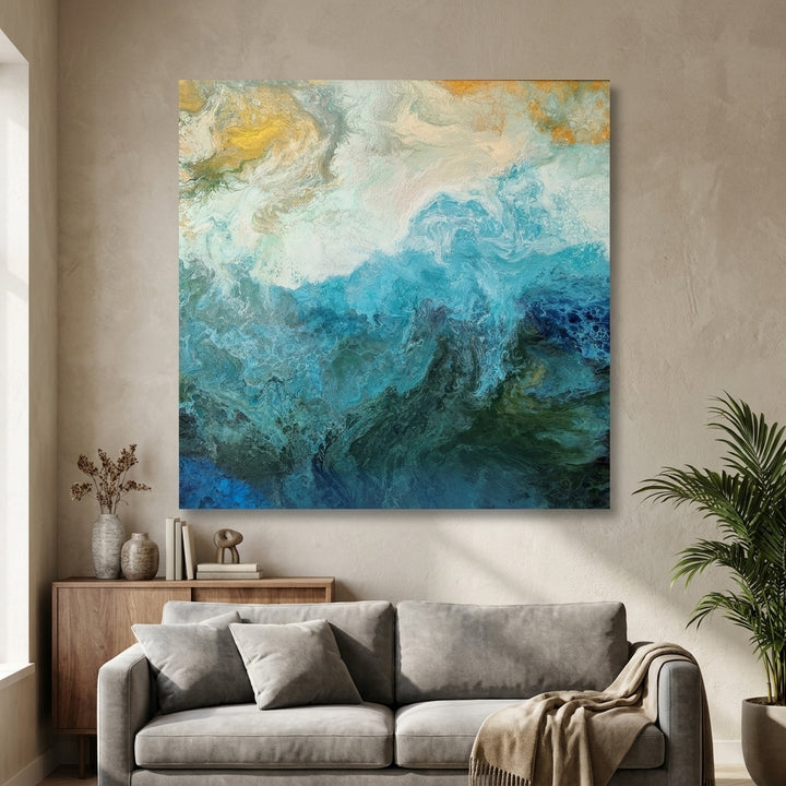 Stretched canvas wall art styled in a neutral living room