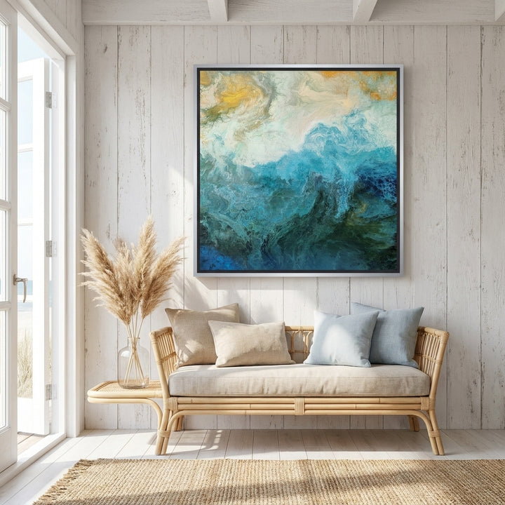 Canvas wall art with a silver leaf surround styled in a sunny coastal beach house