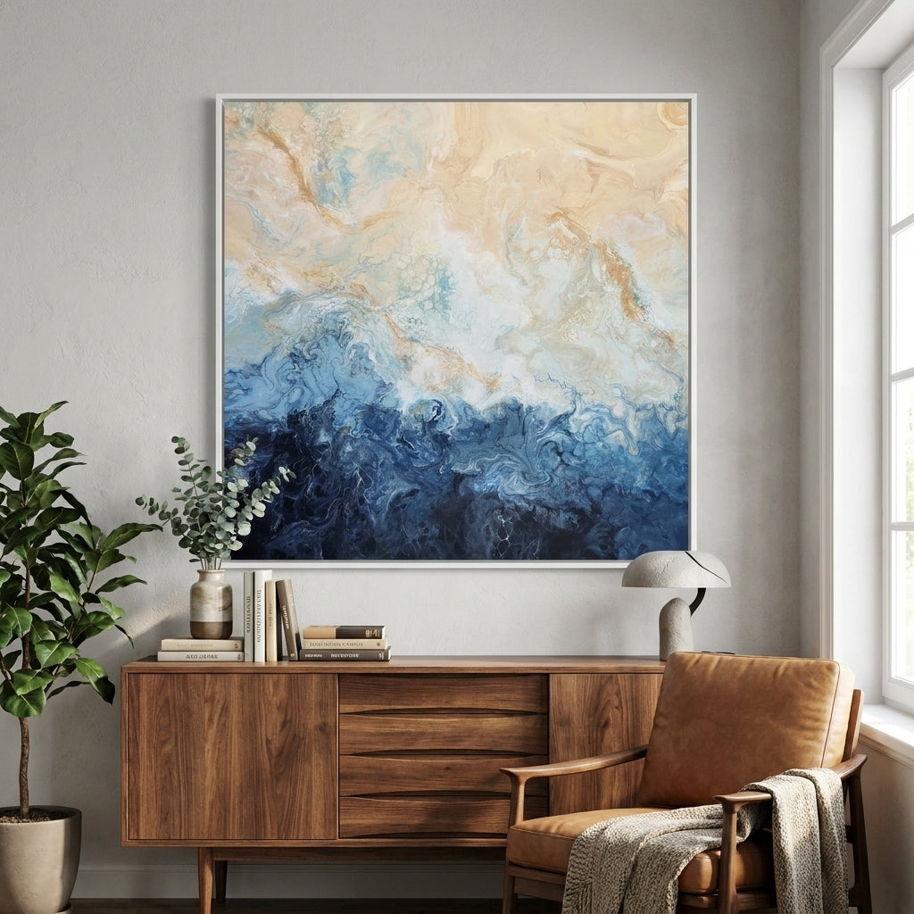 Canvas wall art with a white surround styled in a bright modern office