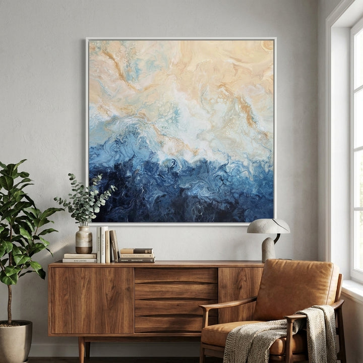 Canvas wall art with a white surround styled in a bright modern office