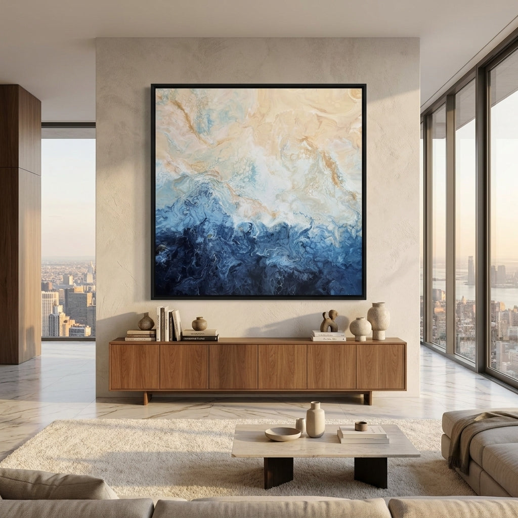 Oversized statement canvas wall art with a black surround styled in a luxe interior