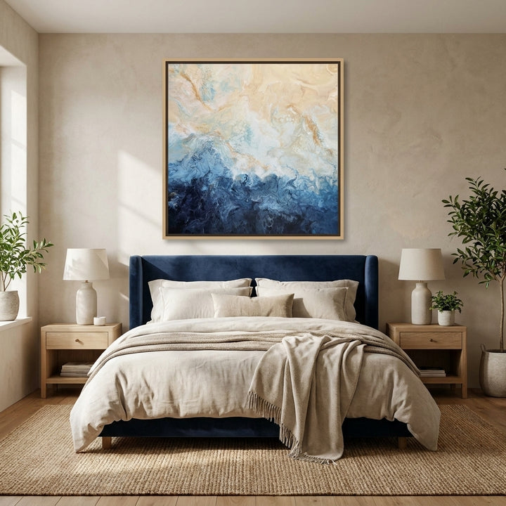 Canvas wall art with a natural timber surround styled in a calm, light-filled bedroom