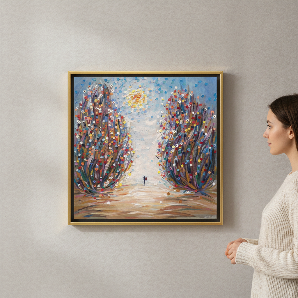 Person holding canvas wall art with a gold leaf surround