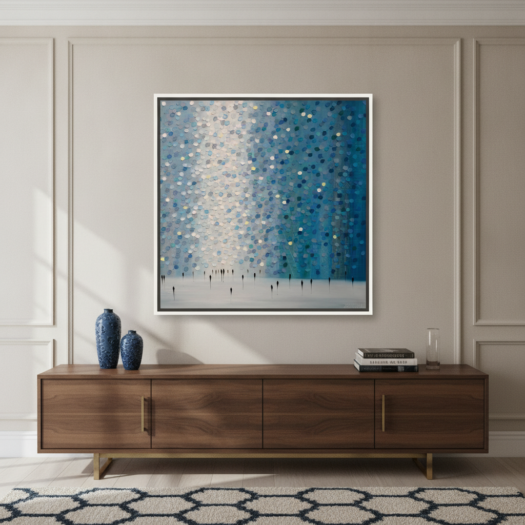 Oversized statement canvas wall art with a white surround styled in a luxe interior