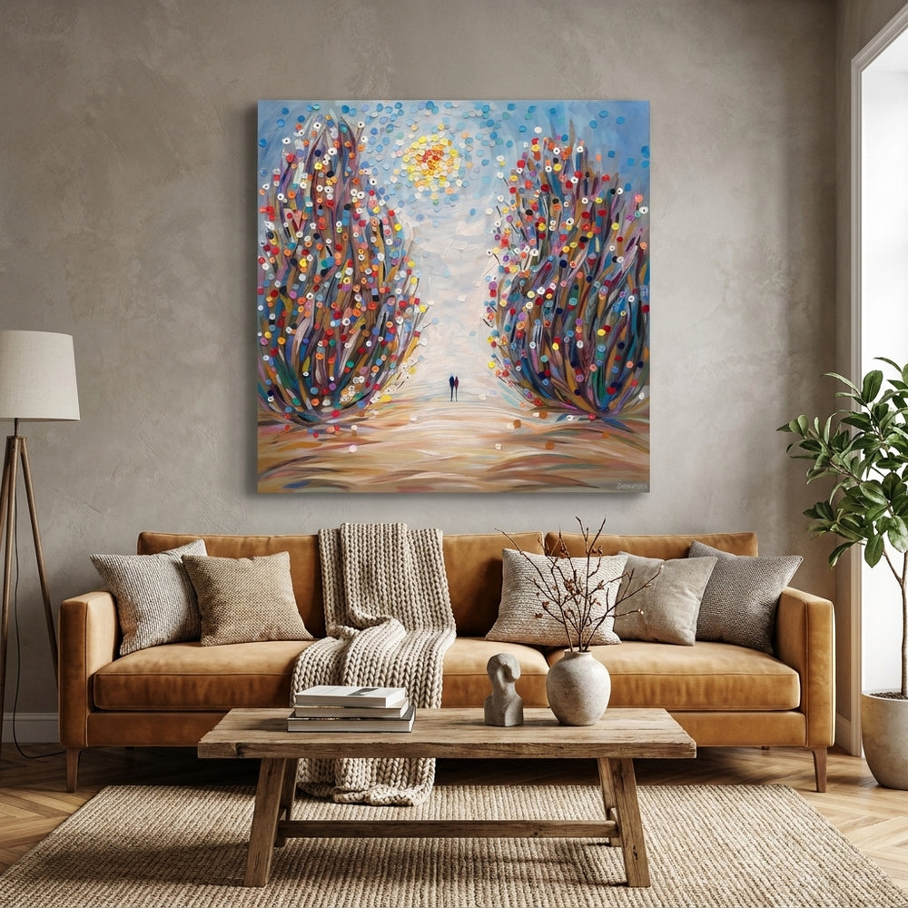 Stretched canvas wall art styled in a neutral living room